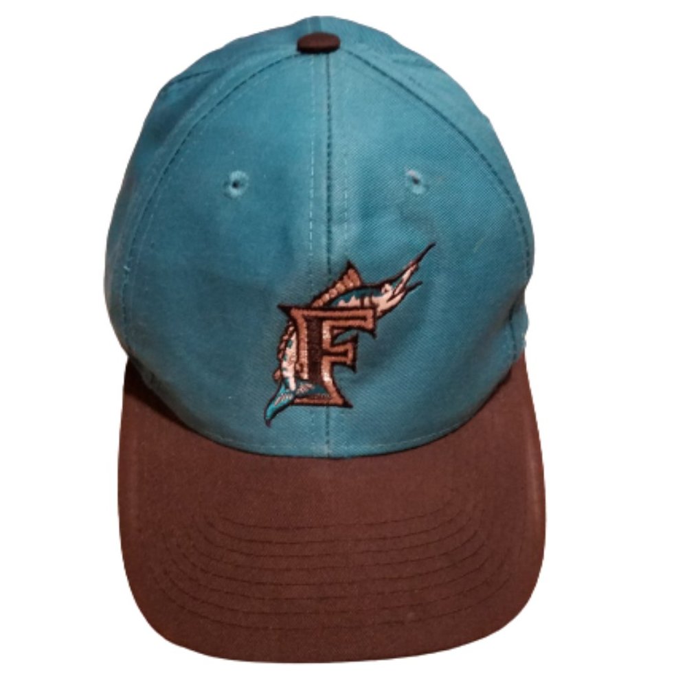 90s Vintage Logo 7 MLB Florida Marlins Adjustable Baseball Cap | Teal / Black